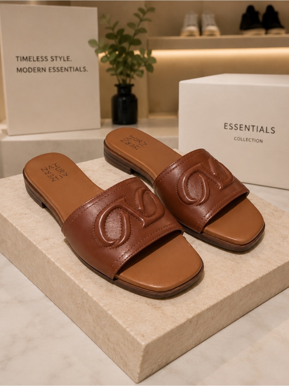 Naturalizer Genevieve slide sandals in English Tea Brown Leather